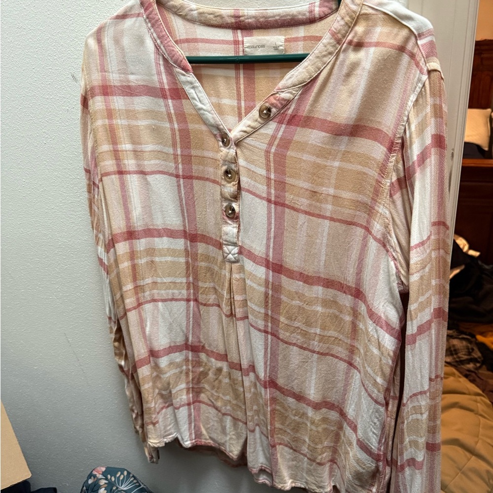 Maurices Pink and Tan Plaid Blouse